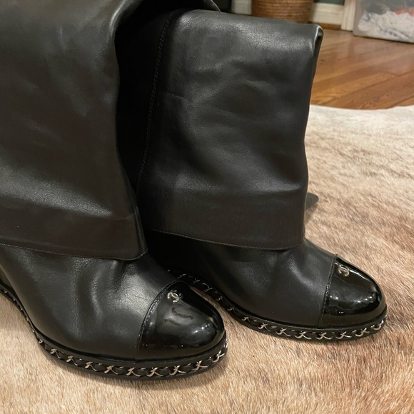 Chanel Foldover Knee High Cap Toe Chain Wedge Heel Boots - Picture 6 of 11